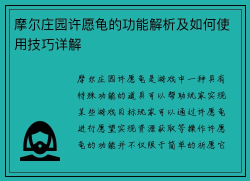 摩尔庄园许愿龟的功能解析及如何使用技巧详解